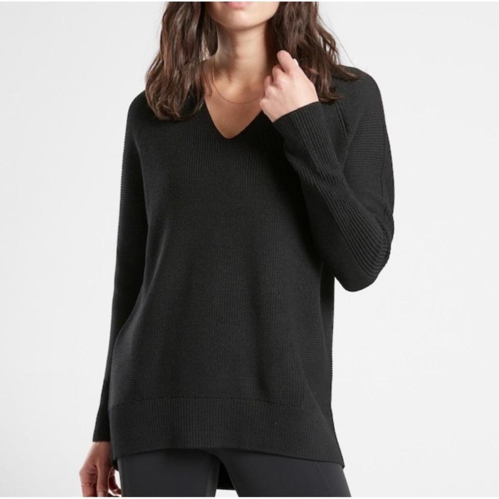 Athleta Hanover V-Neck Sweater Women Small Black Ribbed Merino Wool Blend